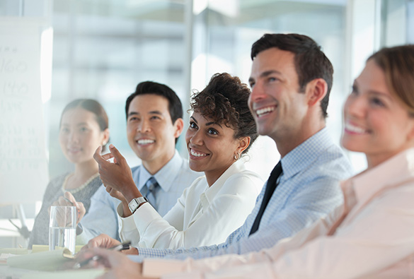 Group of professionals attending a meeting and smiling.