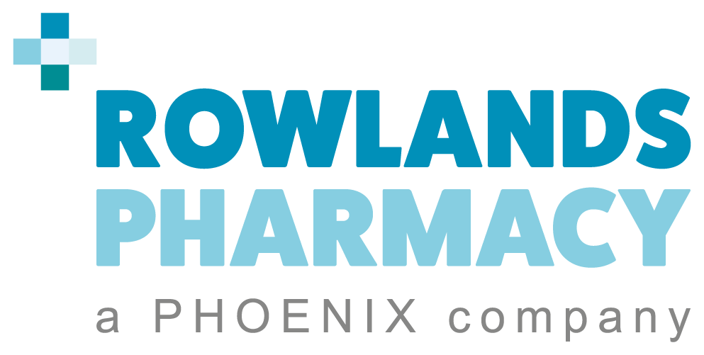 Logo of Rowlands Pharmacy with a blue cross.