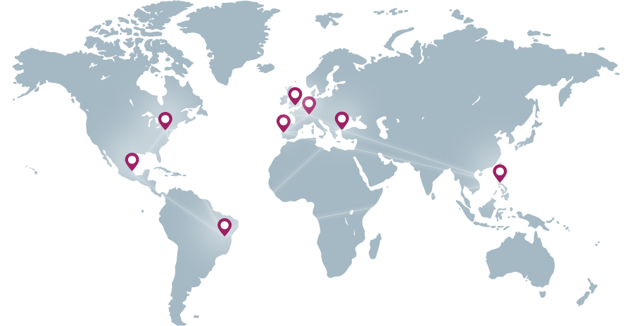 World map showing locations connected with markers, highlighting global presence and connectivity.