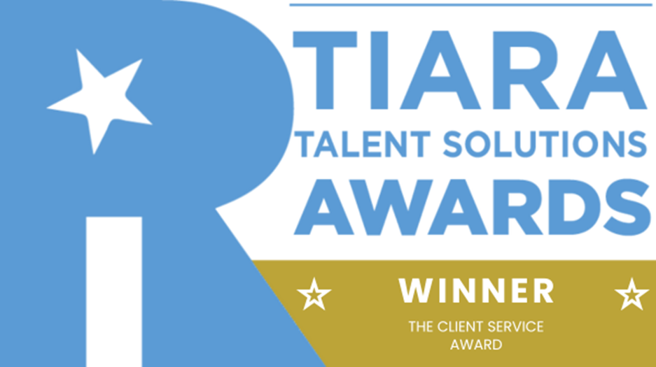 TIARA Talent Solutions Awards logo with Winner badge for Client Service Award.