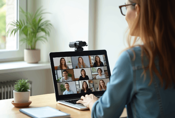 Professional participating in a webinar on a laptop from a workspace.