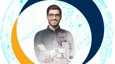 Person smiling, images of scientific work, geometric background.