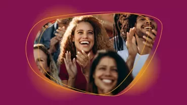 A cheerful crowd clapping, smiling with joy against a purple background.
