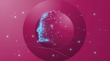 Digital silhouette of a human profile with glowing connections on a pink background.