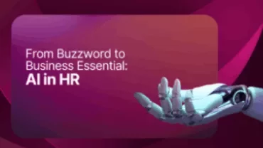 a robot hand in a pink backgroung next to the title "From buzzword to business essential: AI in HR"