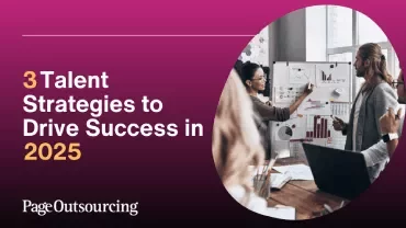 a group pointing a board in an office next to the title "3 talent strategies to drive success in 2025"