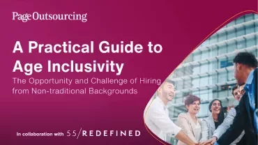 a group shaking hands next to the title "A practical guide to Age inclusivity - The opportunity and challenge of hiring from non-traditional Backgrounds" in collaboration with 55/Redefined