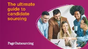 a group smiling and pointing a computer next to the title "The ultimate guide to candidate sourcing"
