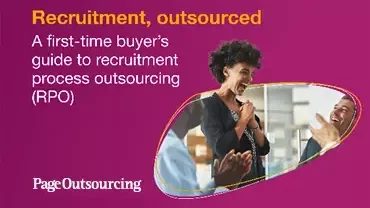 A woman standing surrounded by people applauding, next to the title "Recruitment, outsourced: A first-time buyer's guide to recruitment process outsourcing (RPO)"