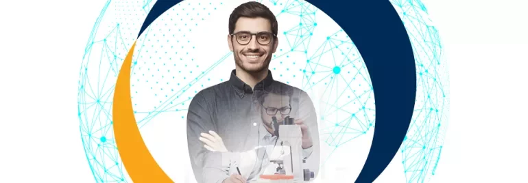Person smiling, images of scientific work, geometric background.