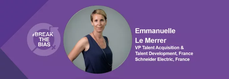 Professional portrait with a purple backdrop featuring text about talent acquisition.