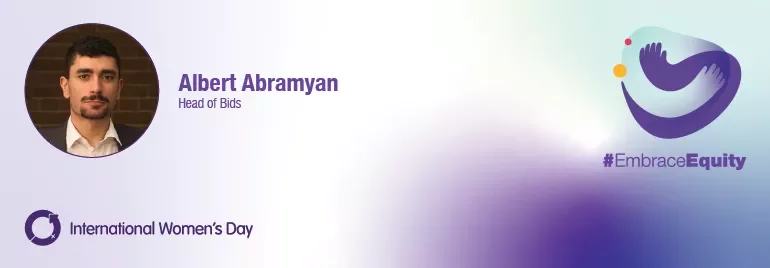 Albert Abramyan's profile photo with International Women's Day and #EmbraceEquity logo.