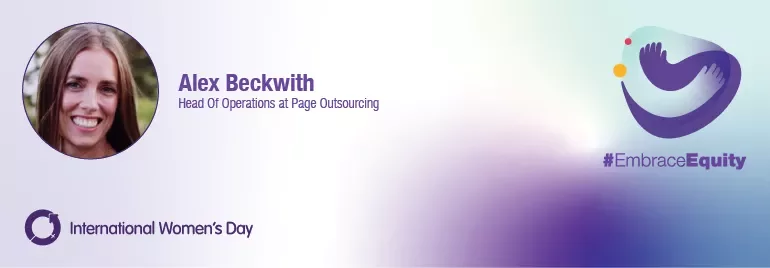 Alex Beckwith with logo and #EmbraceEquity for International Women's Day.