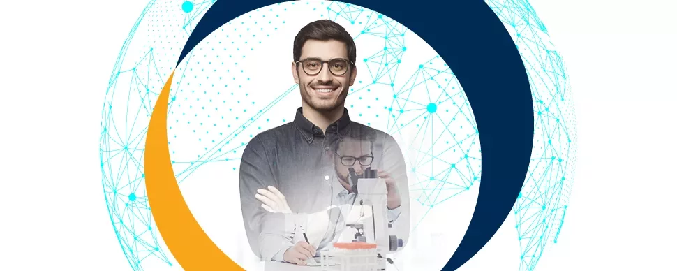 Person smiling, images of scientific work, geometric background.