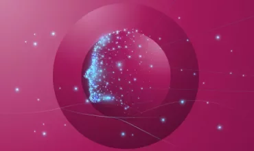 Digital silhouette of a human profile with glowing connections on a pink background.
